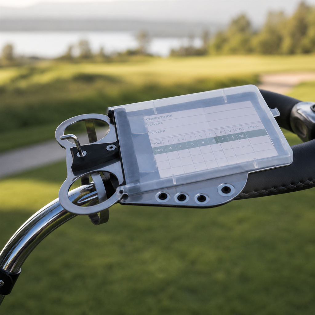 Birdie1 scorekortholder i metall – Praktisk oppbevaring på golftrallen